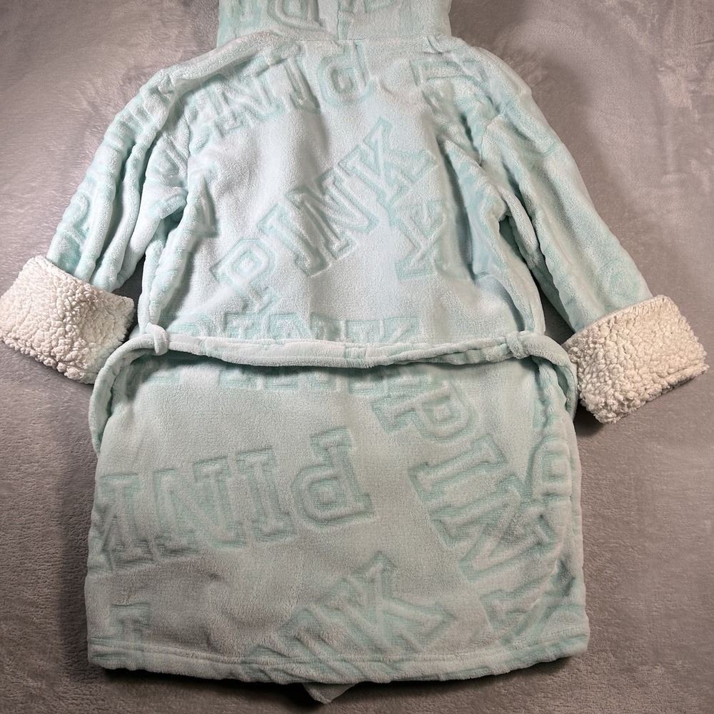 Victorias Secret PINK Plush Fleece Robe ML Mint Green Sherpa Hood Fluffy Belted - Picture 3 of 14